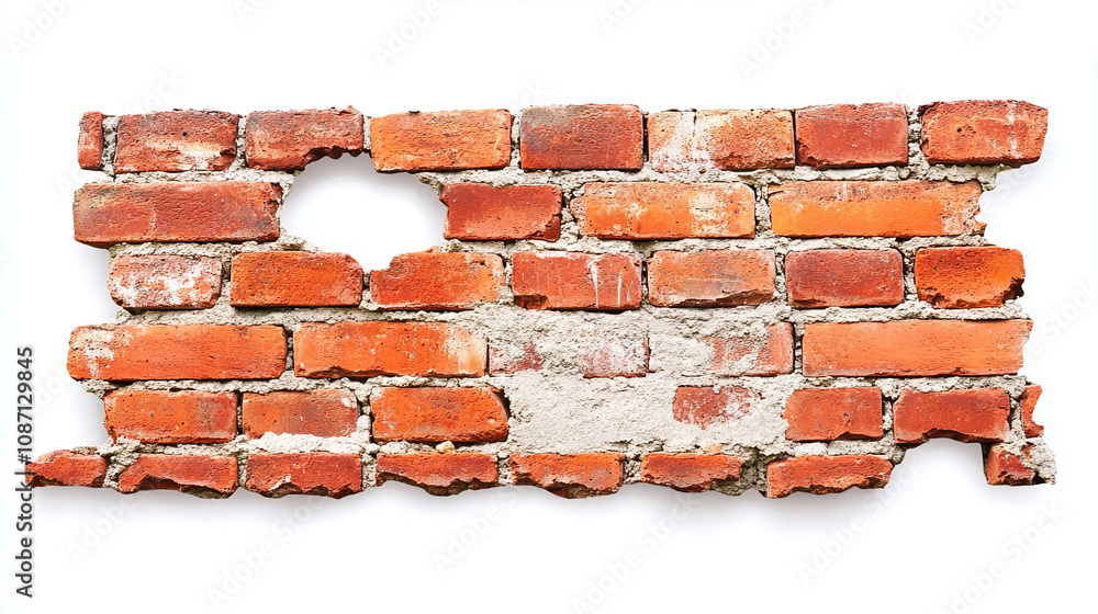 Poster a fragment of a brick wall. the bricks are red in color, laid in several rows. there is a small hole