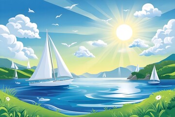 Naklejka premium Beautiful landscape vector illustration of mountains, forests, fields and meadows. Stunning panoramic farm landscape with mountains in the background. Natural landscape