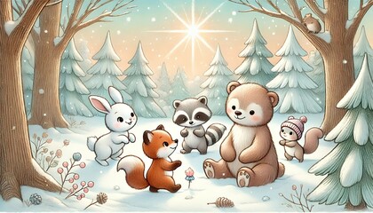 Naklejka premium A Charming, Hand-Drawn Illustration of Five Adorable Animals Playing in the Snow on a Sunny Winter Day