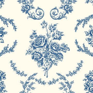 Toile de jouy pattern. Vector floral seamless pattern with roses in blue color.