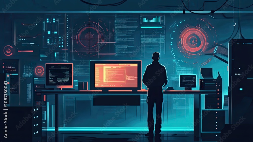 Poster a lone figure stands in a futuristic tech room with multiple screens displaying data and graphs.