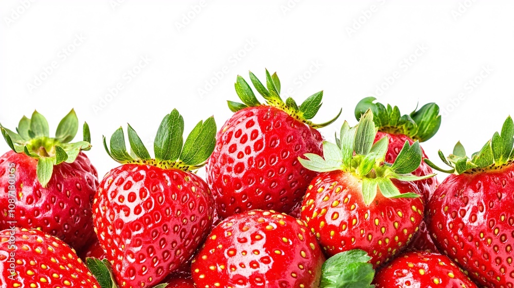 Poster isolated on white background a vibrant cluster of fresh red strawberries with green leaves placed at