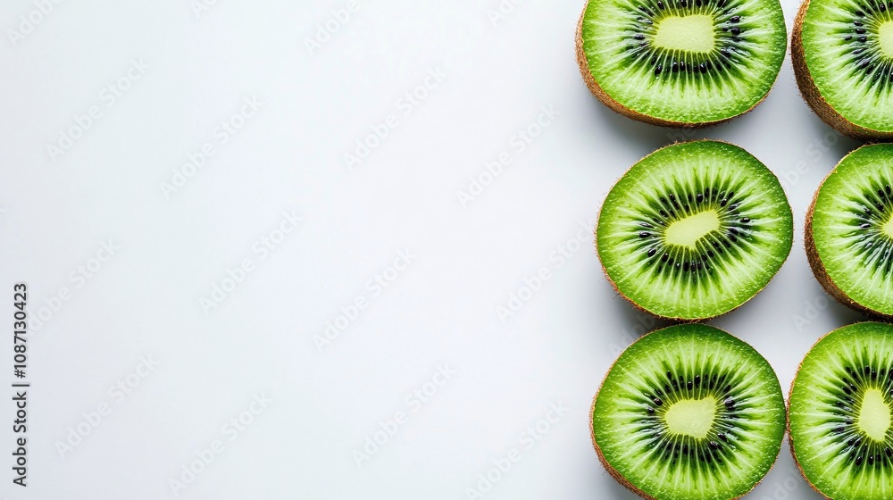 Poster Isolated on white background a halved green kiwi with vibrant seeds displayed alongside whole kiwis with side empty space for text Stockphoto style