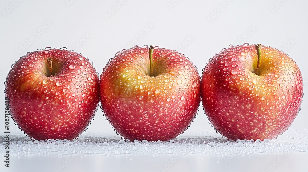 Poster Isolated on white background a trio of glossy red apples with drops of water arranged symmetrically with side empty space for text Stockphoto style