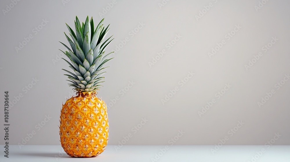 Poster isolated on white background a single bright yellow pineapple with spiky green leaves upright with s