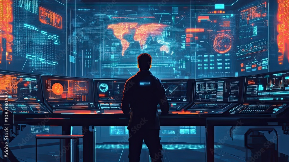 Poster a lone figure stands before a wall of monitors displaying global data