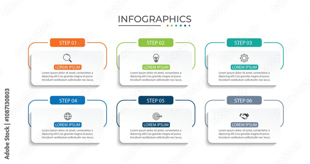Aufkleber process business infographic thin line with square template design with icons and 6 options or steps