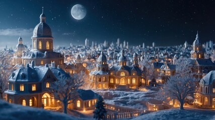 Fototapeta premium A snow-covered cityscape viewed from a distance, with numerous buildings blanketed in snow, creating a peaceful and wintery atmosphere