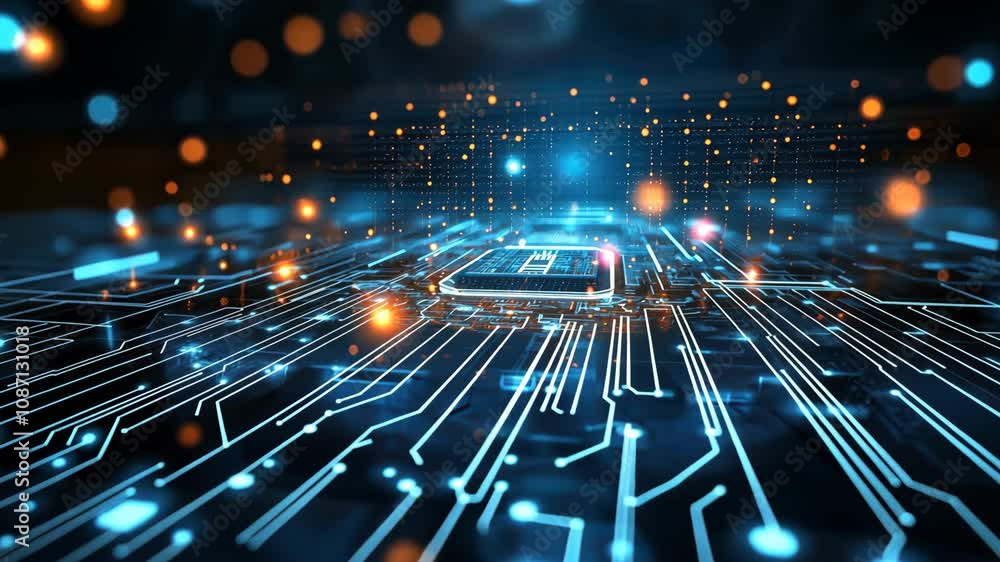 Poster futuristic circuit board background pulsating with blue energy and data flow 4k video