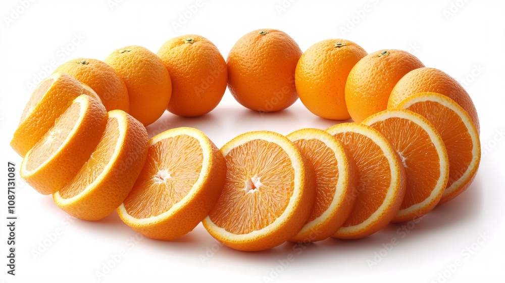 Fototapete Isolated on white background a collection of ripe oranges and halved orange slices arranged in a circular formation with side empty space for text Stockphoto style