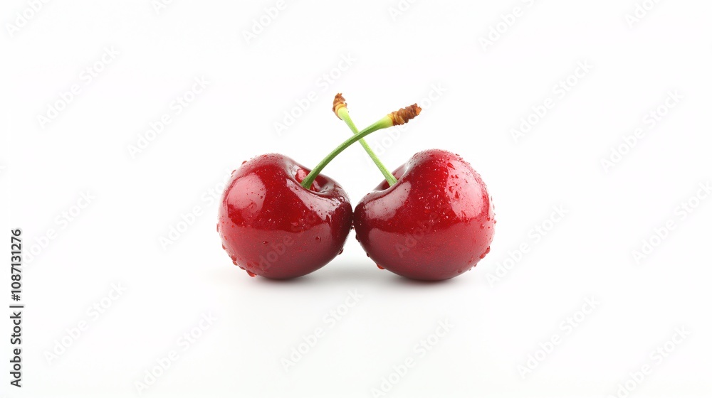 Aufkleber isolated on white background a pair of bright red cherries with green stems crossed naturally with s