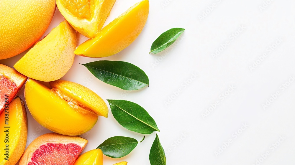 Poster Isolated on white background a neatly arranged set of peeled and whole mangos with their rich orange flesh exposed with side empty space for text Stockphoto style