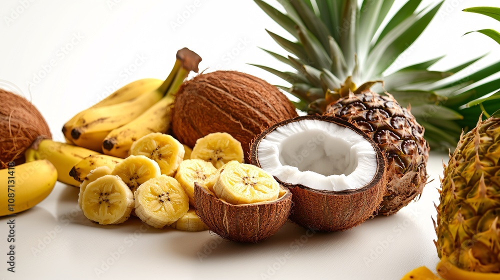 Leinwandbilder isolated on white background a vibrant medley of tropical fruits including bananas coconuts and pine