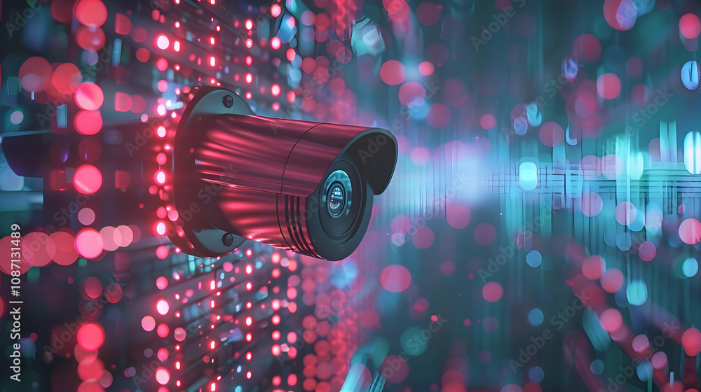 Poster cybersecurity surveillance: 3d render of a red security camera against a futuristic data stream back