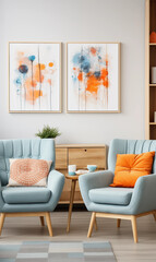 Abstract Orange  Teal Wall Art in Modern Living Room