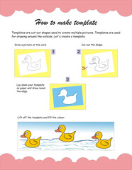 Templates for children. Handmade Paper Craft Ideas. The project of children's creativity, crafts, crafts for children. Duck, wood carving, paper cut and printing. Coloring Vector illustration.