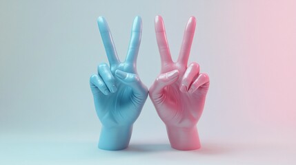 Two hands making peace signs, one blue and one pink, against a light blue and pink background.