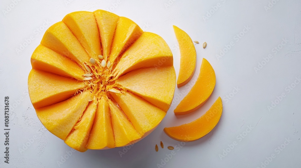 Poster isolated on white background a beautifully textured orange pumpkin paired with slices showing its vi