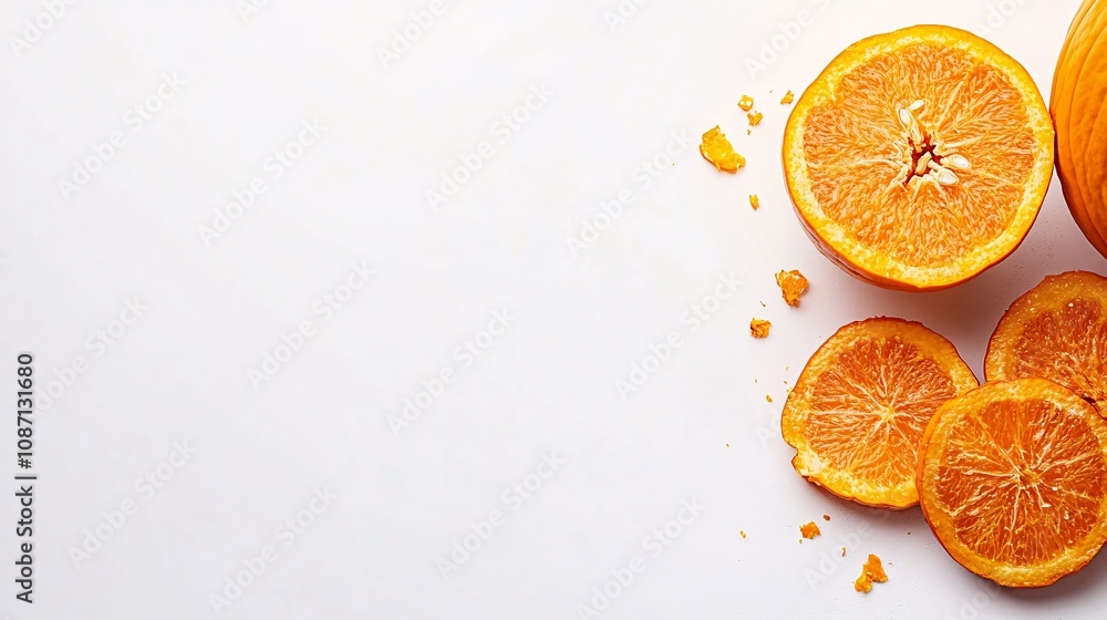 Poster isolated on white background a beautifully textured orange pumpkin paired with slices showing its vi