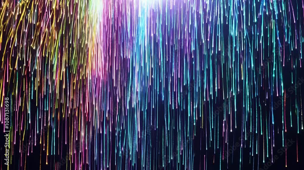 Poster camera pans vertically upwards through glowing neon particles, creating a sense of movement and ener