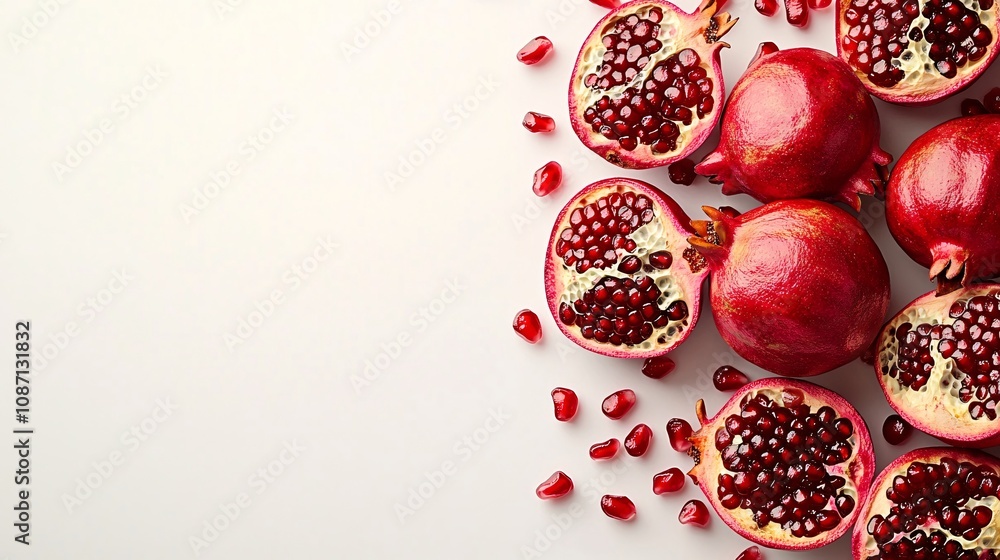 Poster Isolated on white background a detailed image of whole and peeled pomegranate with its juicy red arils scattered naturally with side empty space for text Stockphoto style