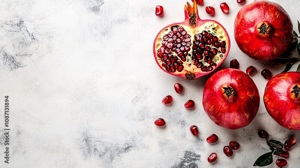Poster Isolated on white background a detailed image of whole and peeled pomegranate with its juicy red arils scattered naturally with side empty space for text Stockphoto style