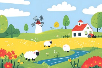 Naklejka premium Beautiful landscape vector illustration of mountains, forests, fields and meadows. Stunning panoramic farm landscape with mountains in the background. Natural landscape