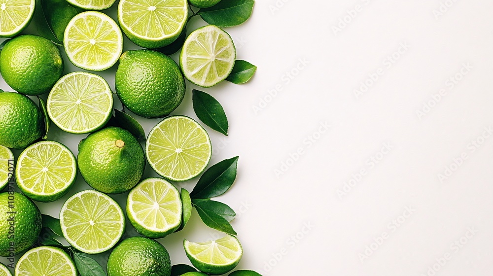 Poster Isolated on white background a simple arrangement of green limes paired with lime wedges showcasing their bright interiors with side empty space for text Stockphoto style