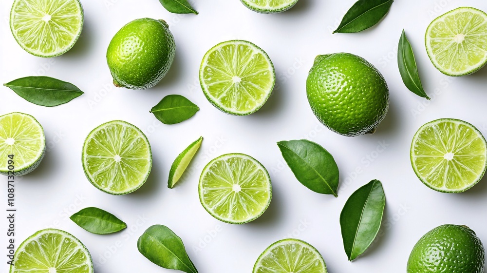 Poster isolated on white background a simple arrangement of green limes paired with lime wedges showcasing 