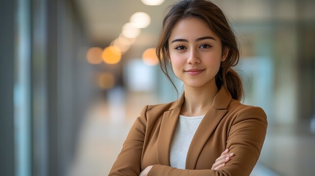 Corporate portrait of person in brown blazer with confident crossed arms pose, captured in office hallway with warm lighting and bokeh effect.
