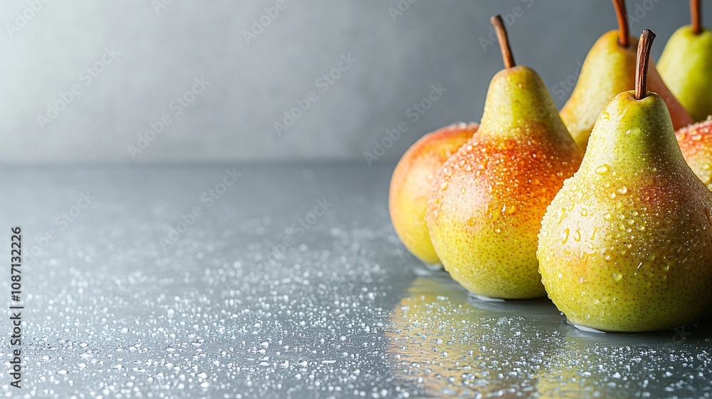 Poster Isolated on white background a rustic bunch of fresh pears some with dew drops arranged symmetrically with side empty space for text Stockphoto style