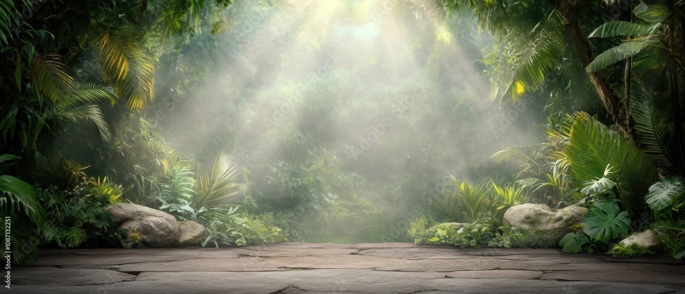 Aufkleber sunlight streams through the dense forest canopy, illuminating a tranquil clearing filled with lush 