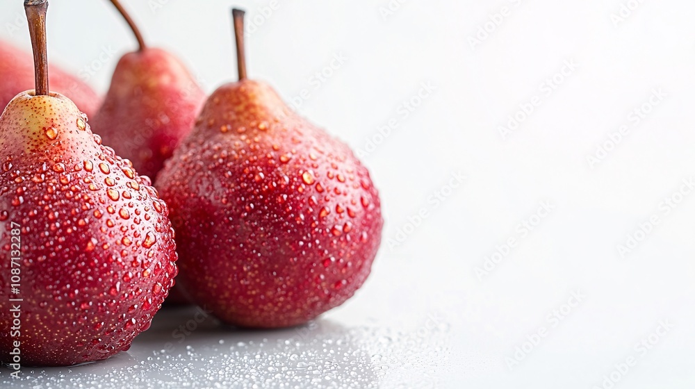 Aufkleber Isolated on white background a rustic bunch of fresh pears some with dew drops arranged symmetrically with side empty space for text Stockphoto style