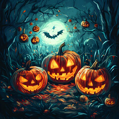 Three Glowing Jack-O-Lantern Pumpkins Sit In A Spooky Forest, Illuminated By A Full Moon And Bat Flying In The Night Sky