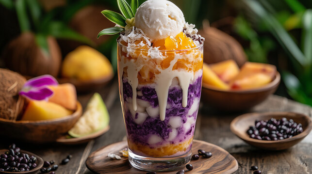 Halo-halo dessert with ice cream and tropical fruits in glass