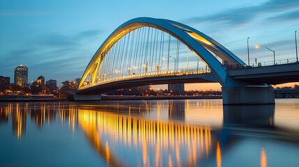 Hoan Bridge's Steel Arches Elegantly Lit at Dusk Over the Milwaukee River-