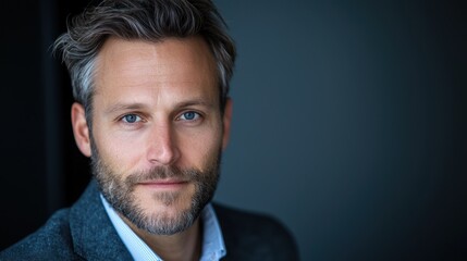 Obraz premium A man with a beard and glasses is wearing a suit and smiling