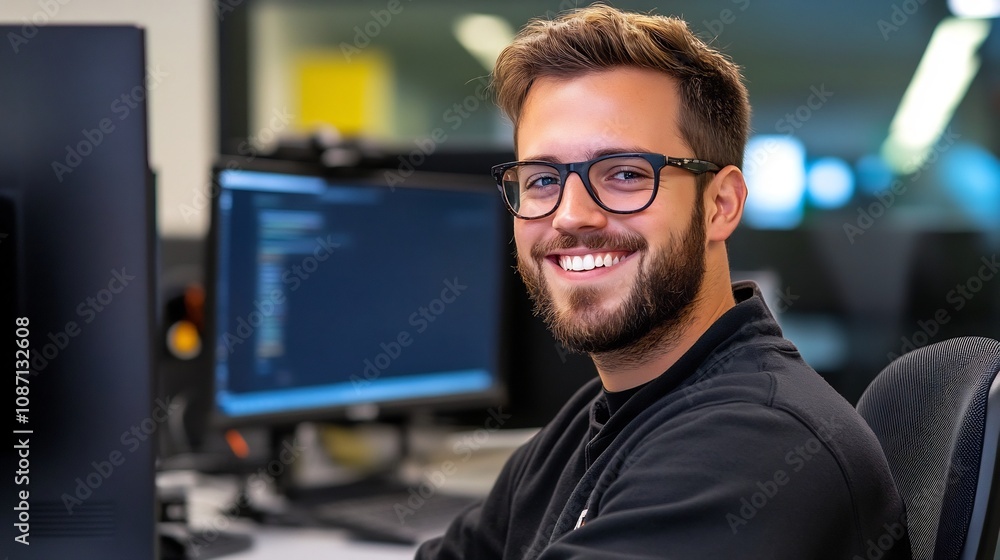 Poster confident employee using computer in positive work environment