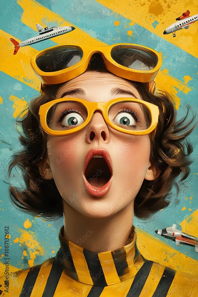 Poster retro pop art interpretation of a woman with a surprised and excited expression featuring bold overl