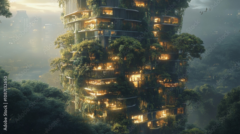 Poster futuristic skyscraper harmoniously integrated with lush trees and vines, seamlessly merging urban ar
