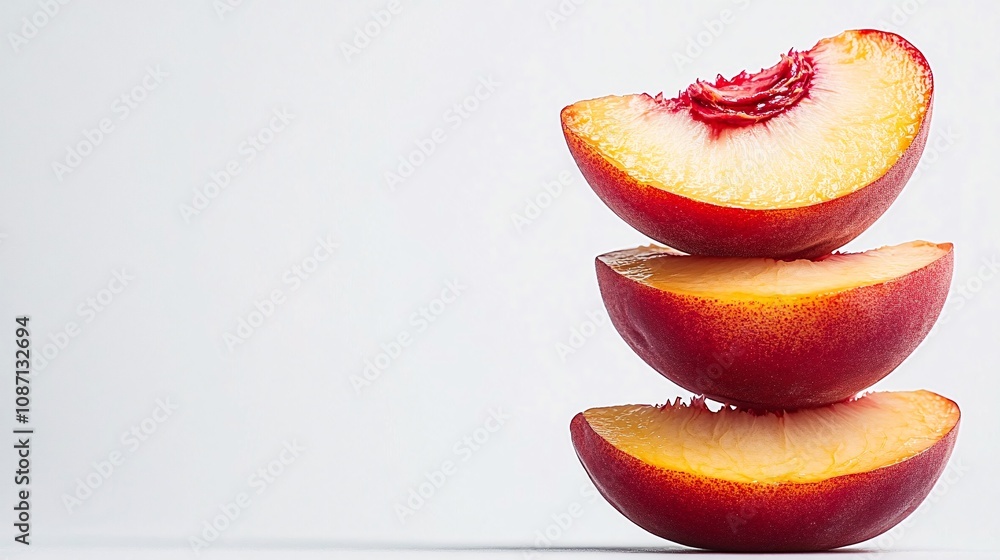 Poster Isolated on white background a stack of fresh juicy peaches with one sliced open showing its vibrant yellow-orange flesh and seed with side empty space for text Stockphoto style