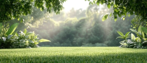 Obraz premium Lush green garden with soft sunlight filtering through trees in a serene forest setting during early morning hours