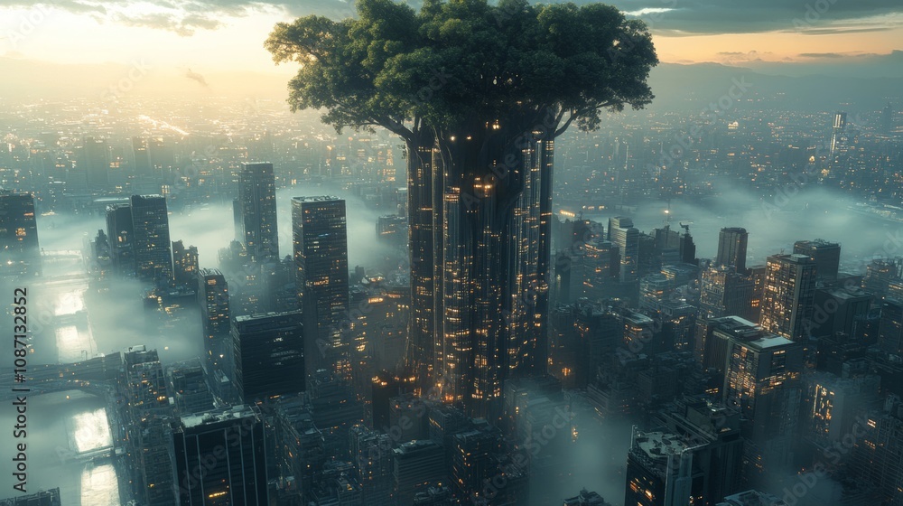Poster tree-inspired skyscraper design, towering structure with organic curves, blending nature and urban a