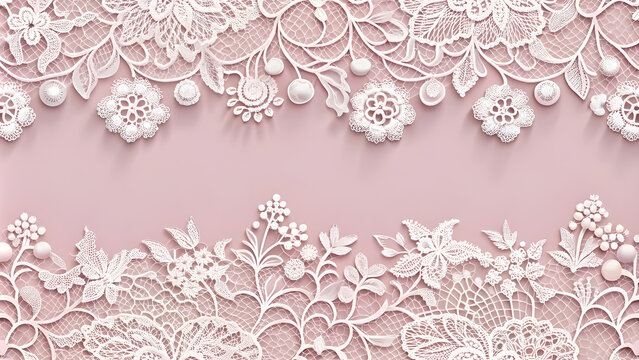 White Lace Pattern on Soft Pink Background with Copy Space. Perfect for: bridal showers, weddings, Valentine's Day