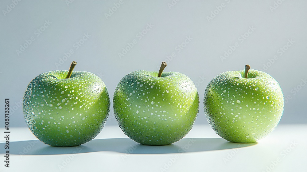 Poster isolated on white background a trio of glossy green granny smith apples some with water droplets for
