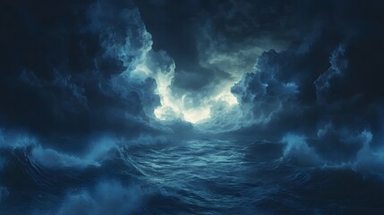 Dramatic&nbsp;nighttime seascape with stormy clouds, turbulent waves, and moonlit water surface, showcasing threatening weather in cinematic wide&nbsp;shot.