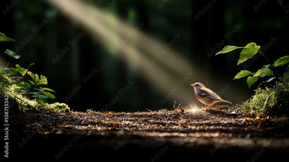 Poster lush forest path with sunlight filtering through leaves, inviting atmosphere, ideal for text overlay