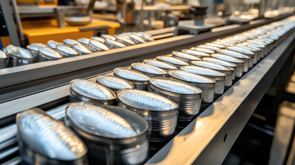 Obraz premium Close-up of sardine cans lined up on a production line in a factory setting, highlighting the metallic sheen and uniform arrangement of packaging in an industrial environment