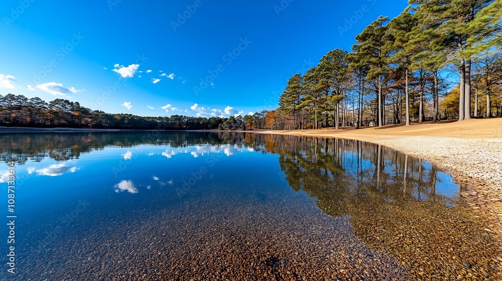 Aufkleber serene reflection:a pristine lake mirroring towering pine trees and a boundless sky