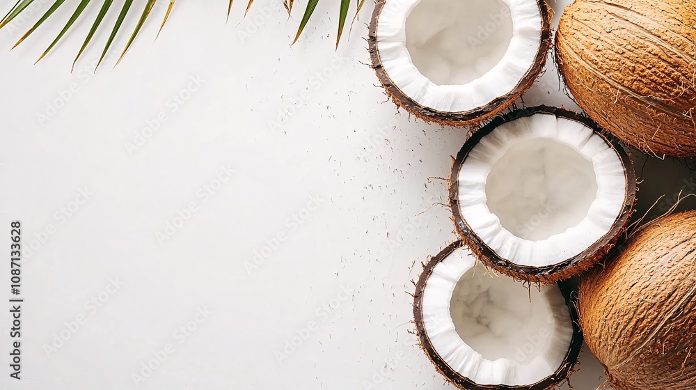 Poster Isolated on white background a collection of fresh coconut halves with their white flesh visible arranged creatively with side empty space for text Stockphoto style